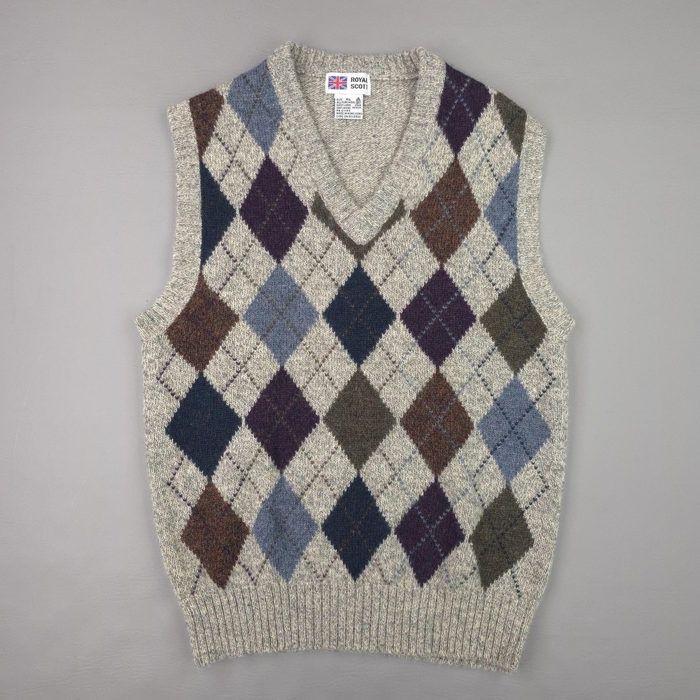 Royal Scot Sweater Vest Mens XL Gray Shetland Wool Argyle Knit V Neck Preppy